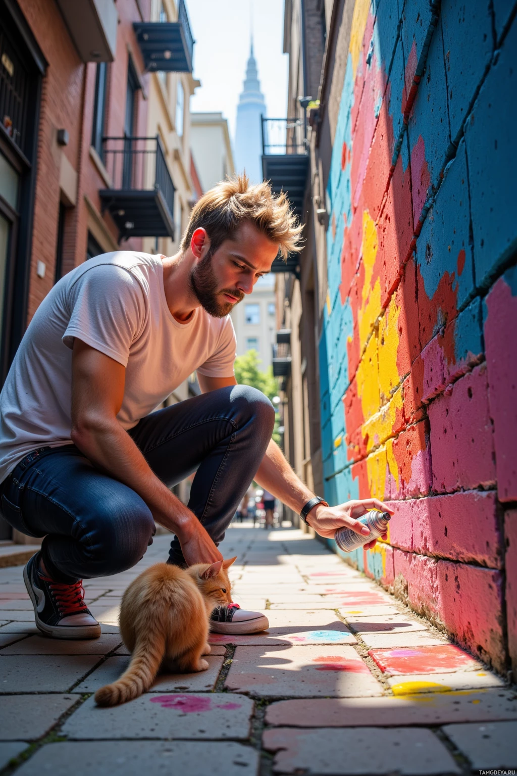 A man crouches beside a colorful wall, interacting with a cat in an alleyway.