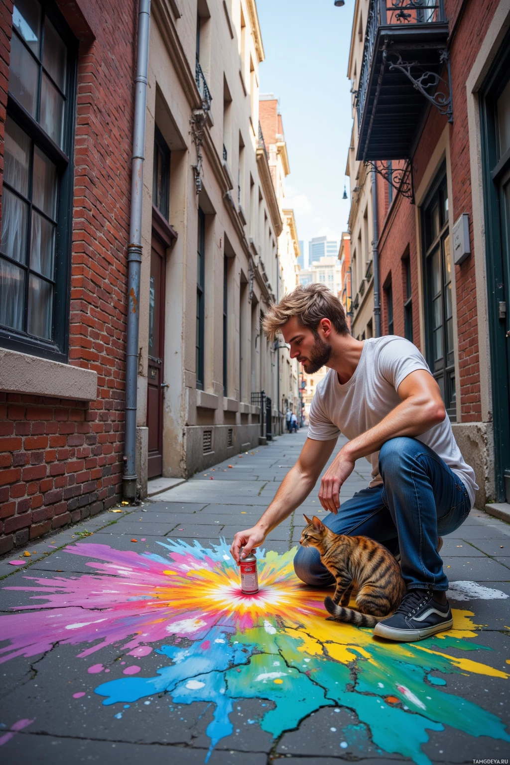 A man kneels on a sidewalk, spray painting a colorful burst of paint with a cat sitting nearby.