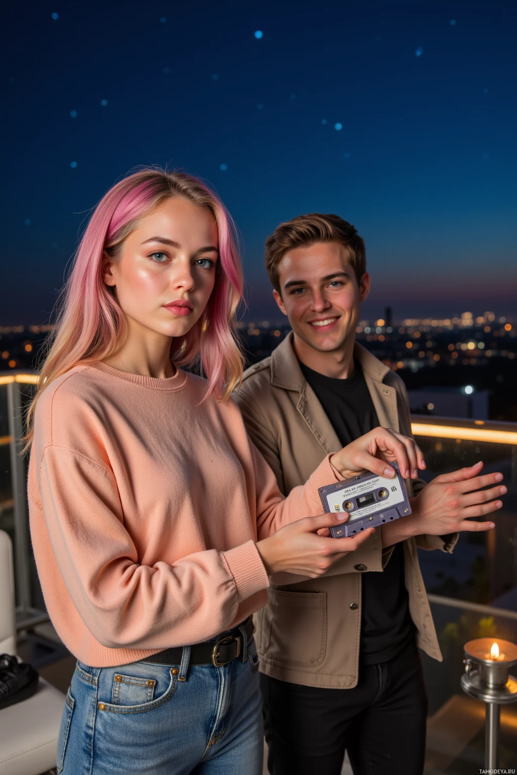A young couple stands on a rooftop at night, holding a cassette tape.