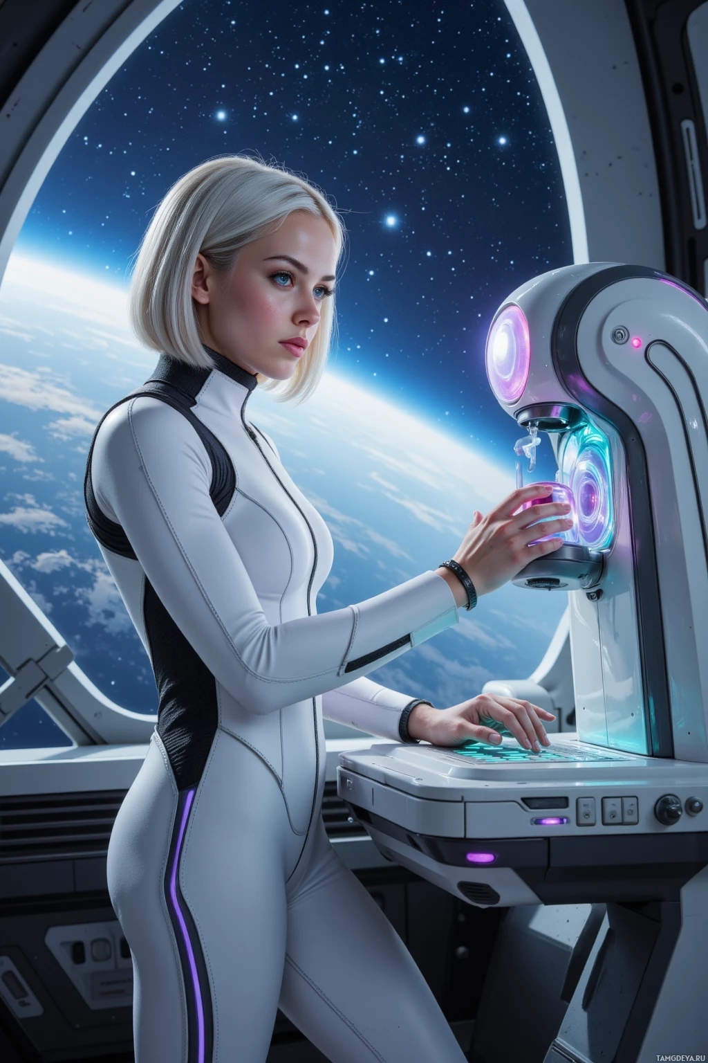 A person in a futuristic space suit interacts with a high-tech console in a spacecraft.