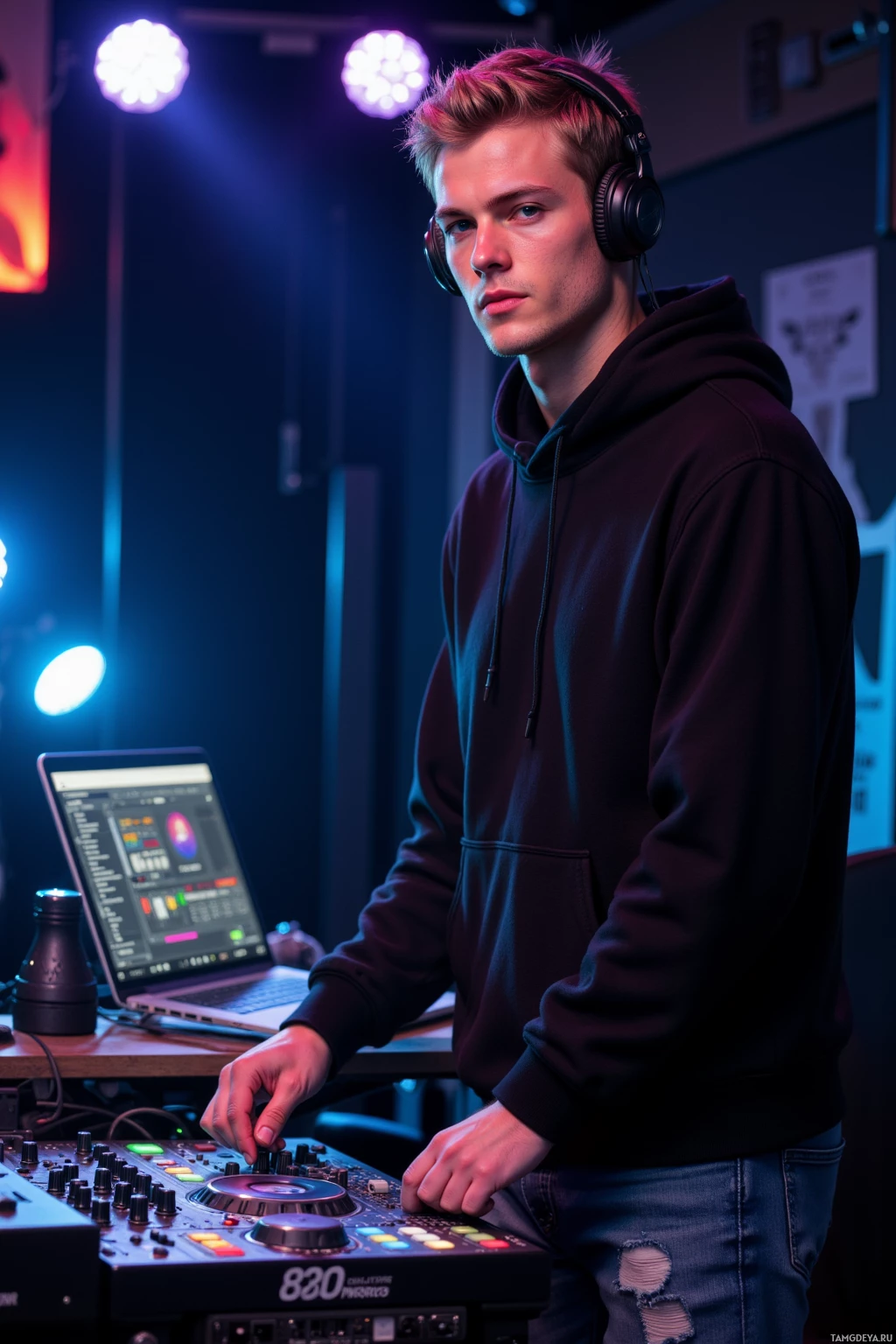 A person wearing headphones stands in front of a DJ mixer and laptop in a dimly lit room.