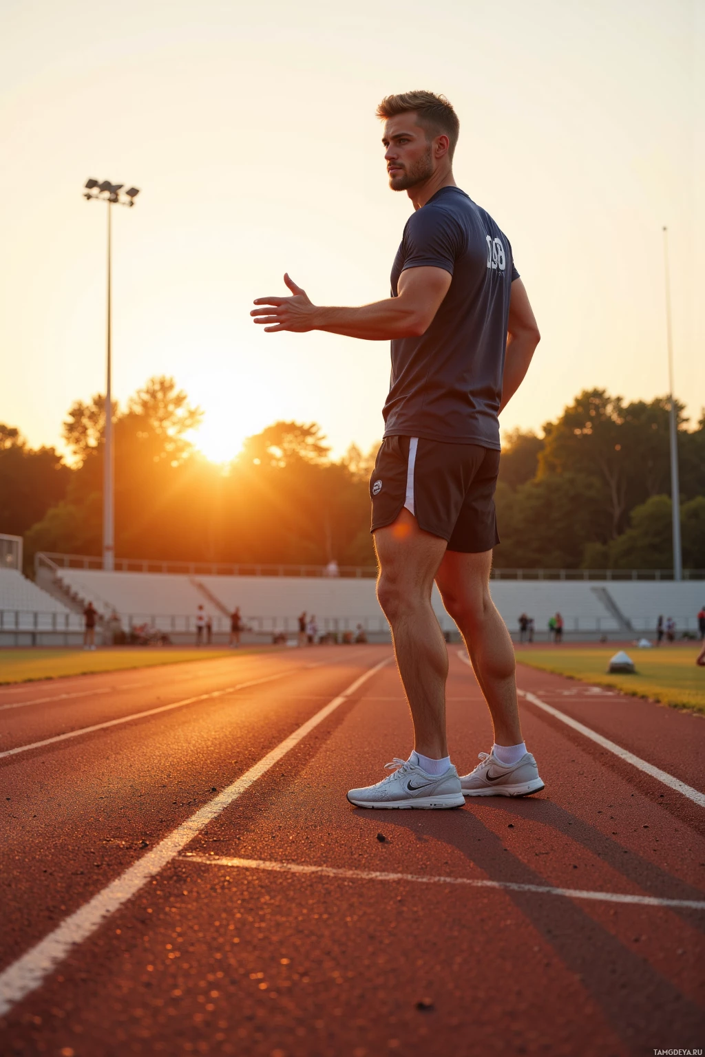 A man stands on a running track at sunset, arms outstretched.