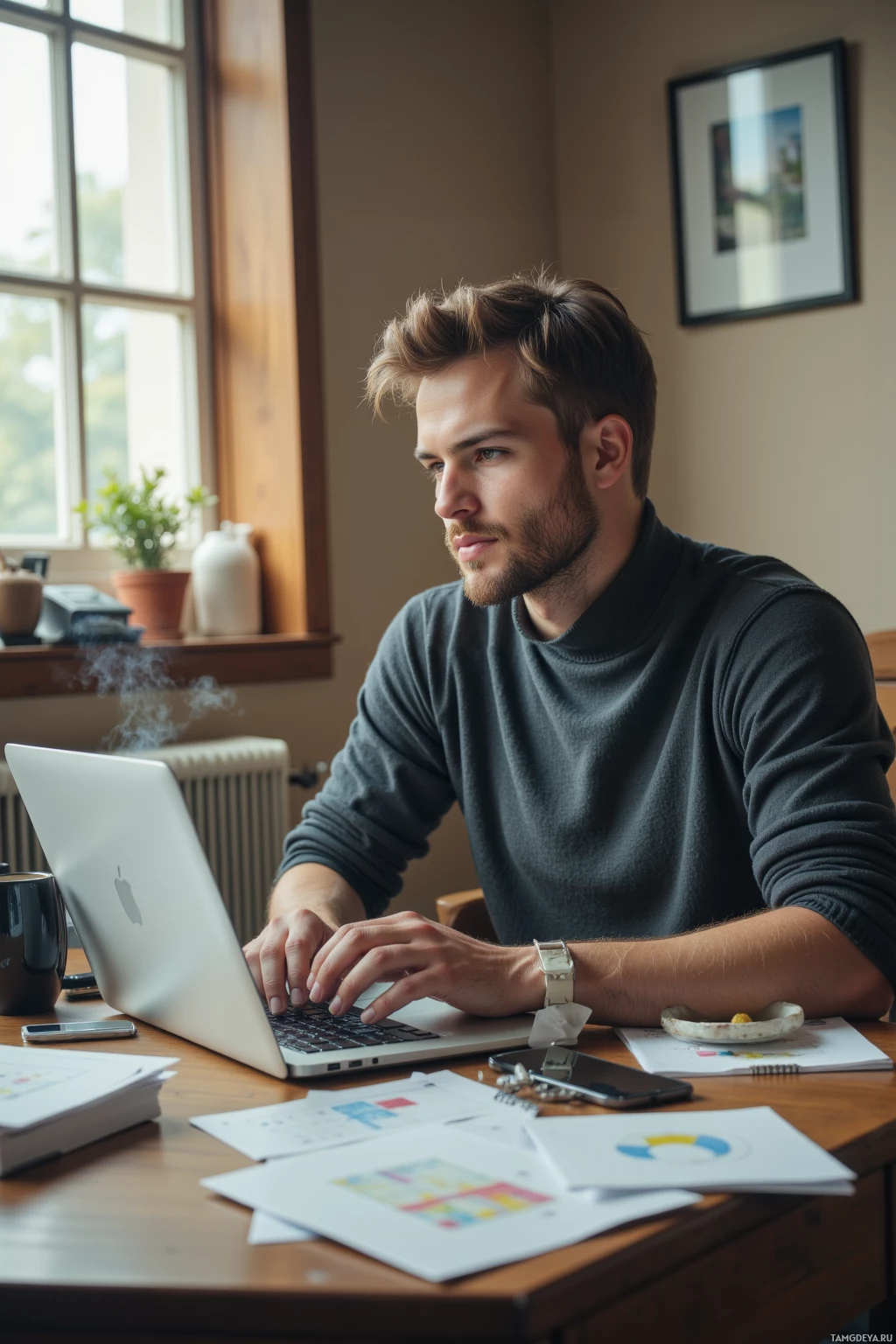 A man is working at a desk with a laptop, surrounded by papers and a window in the background.