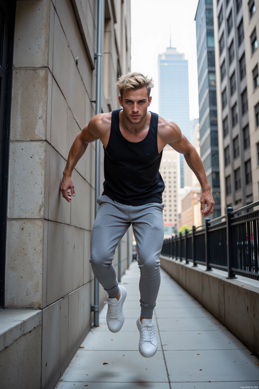A muscular man in a black tank top and gray pants is captured mid-stride on a city sidewalk.