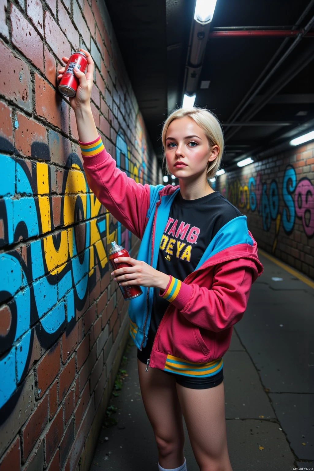 A person stands in a graffiti-covered alleyway, holding a spray paint can.