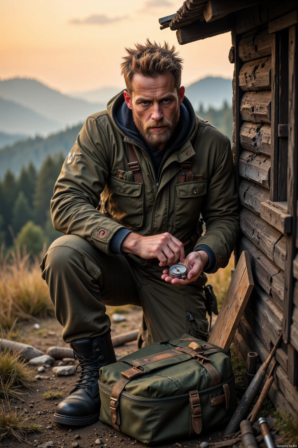 A man in outdoor attire crouches beside a rustic wooden structure, holding a compass.