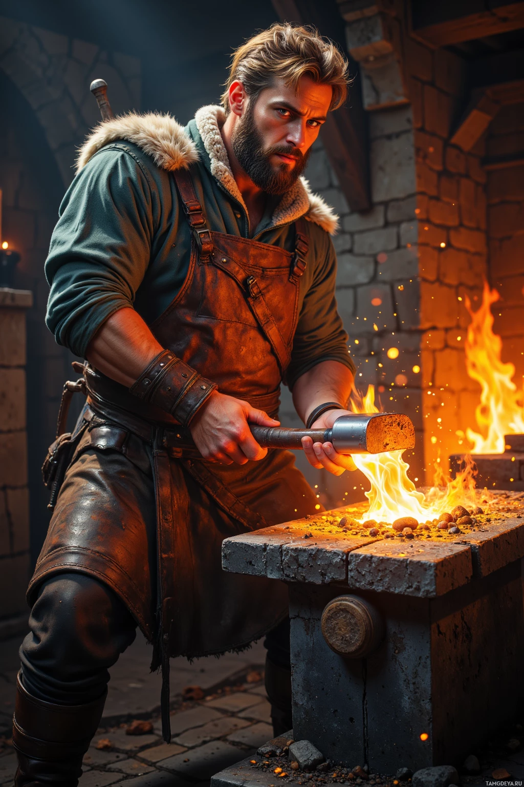 A blacksmith in a medieval setting, working with a hammer and anvil near a forge.