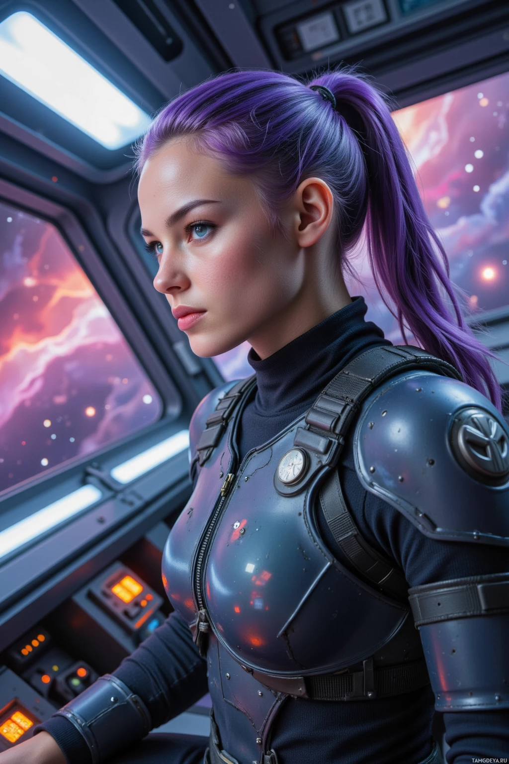 A person in futuristic armor stands inside a spacecraft, gazing out at a colorful nebula.