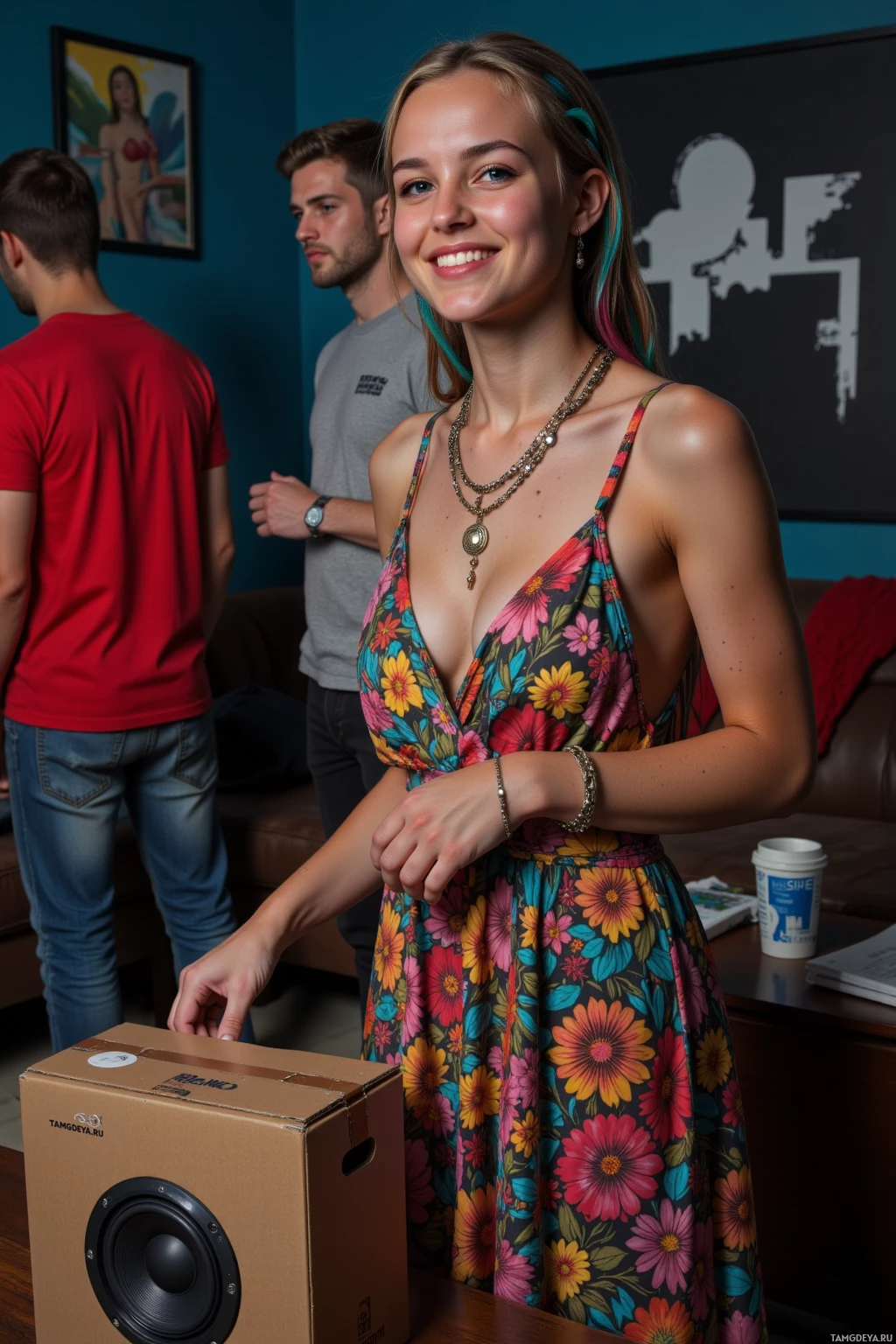 A woman in a floral dress smiles while standing near a cardboard box with a speaker inside.