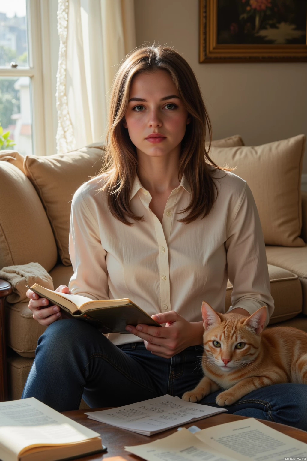 A woman sits on a couch reading a book with a cat resting beside her.