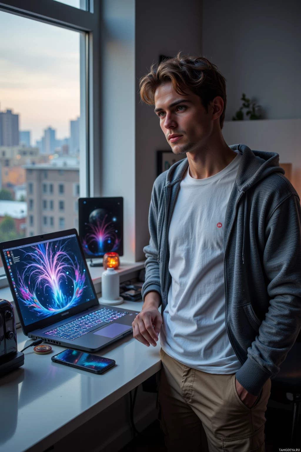 A person stands by a desk with a laptop and smartphone, looking out a window with a cityscape view.