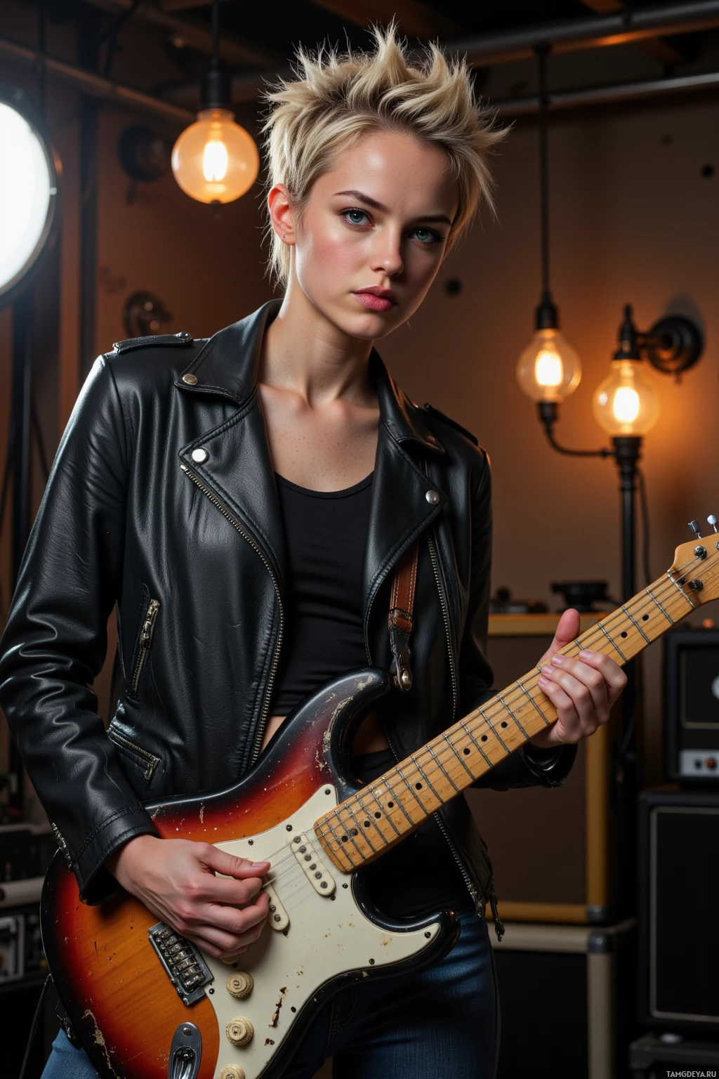 A person in a leather jacket holds a guitar in a warmly lit room.