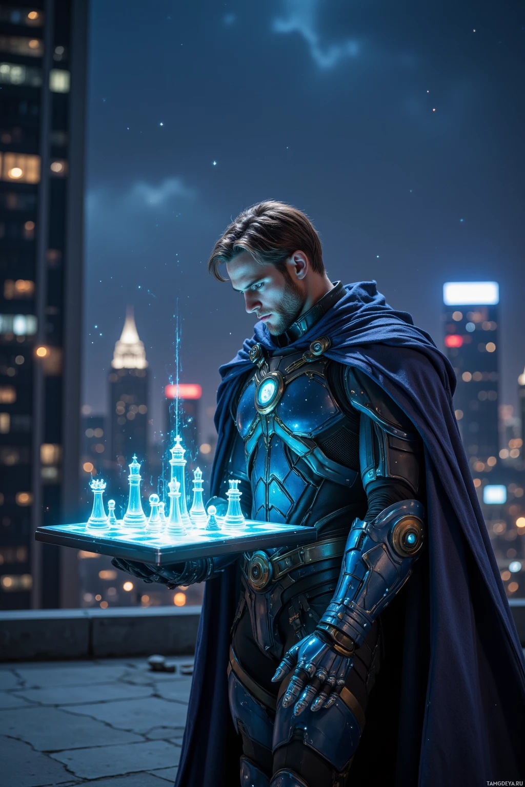 A person in futuristic armor holds a glowing chessboard against a cityscape backdrop.