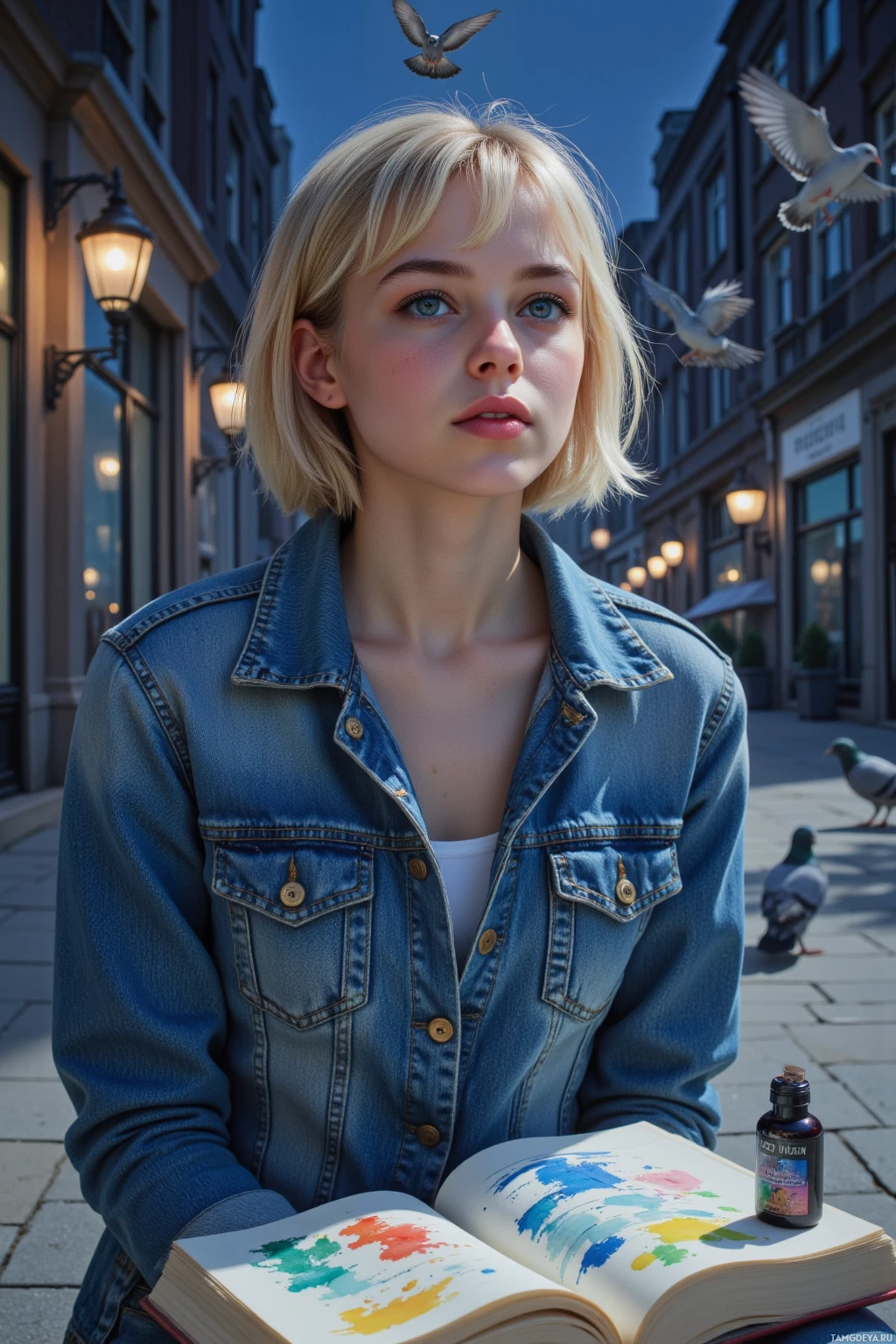 A person in a denim jacket sits on a street with pigeons and an open book with colorful paint splatters.