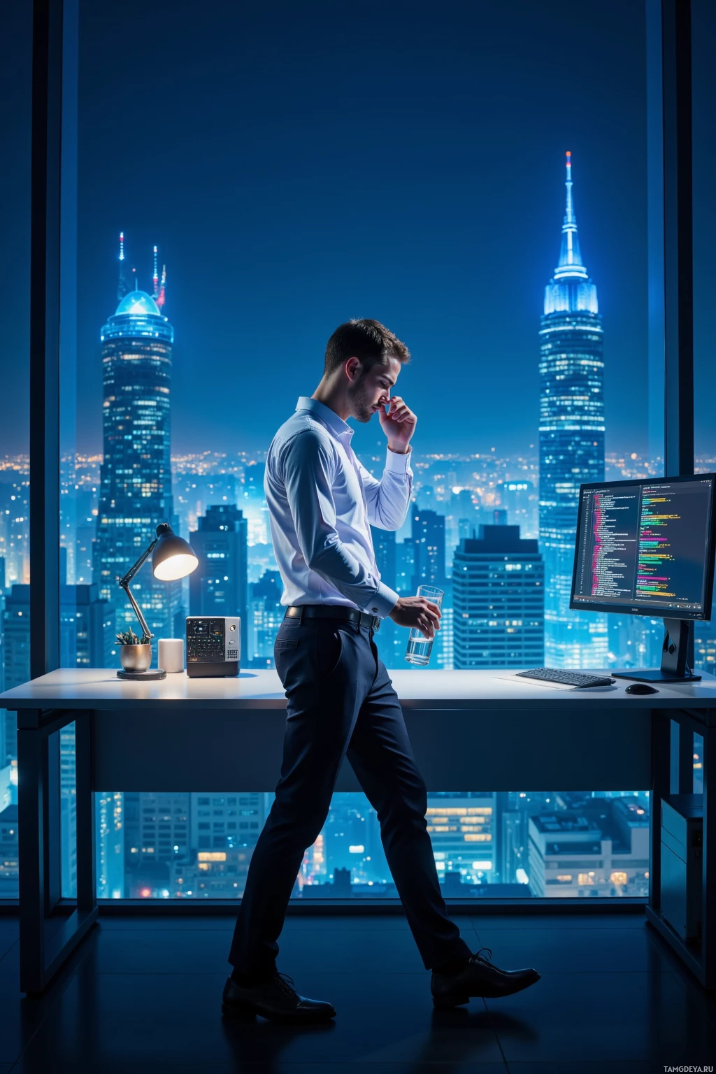 A man in a suit walks in a modern office with a cityscape view at night.