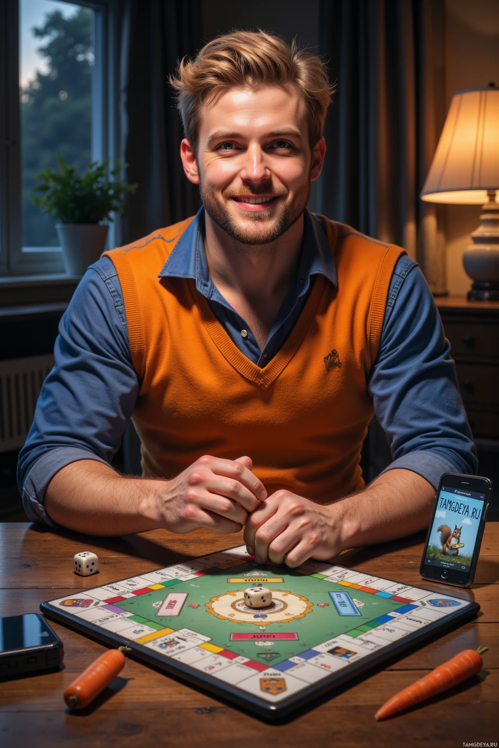 A man sits at a table with a Monopoly board game, smiling, and a carrot is placed near the game.