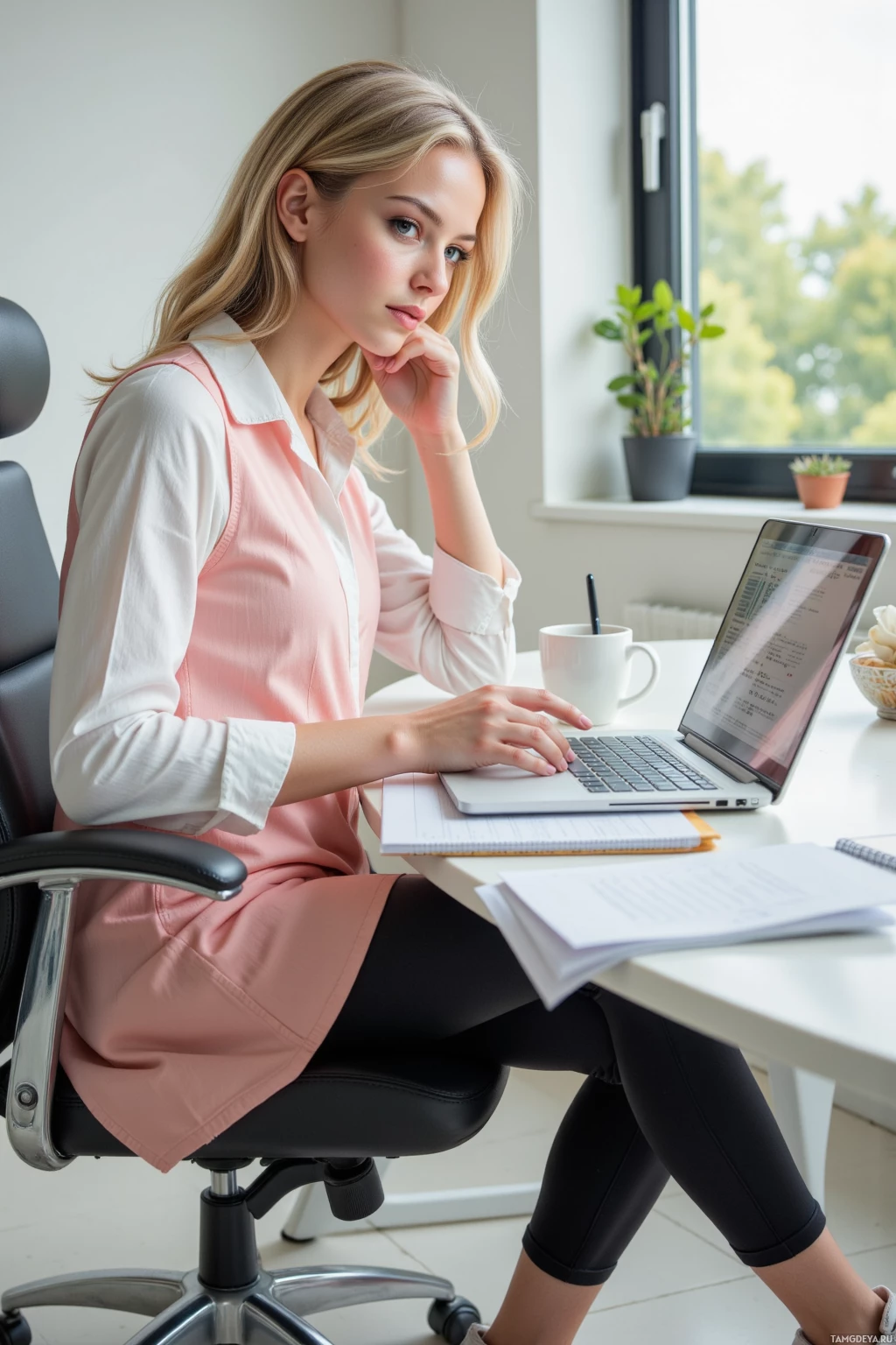 A woman is sitting at a desk in an office, working on a laptop.