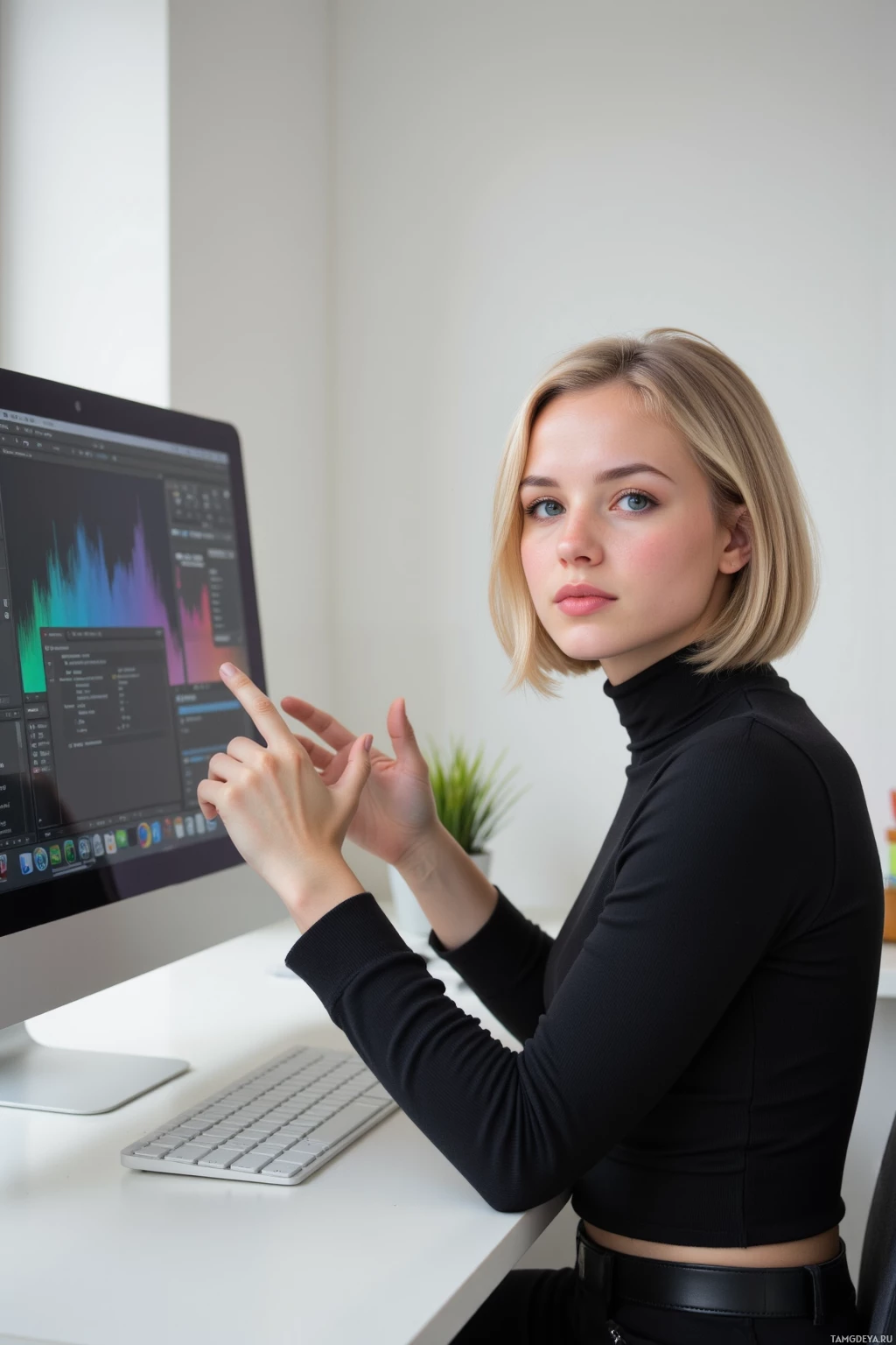 A person in a black outfit is sitting at a desk with a computer, gesturing with their hand.
