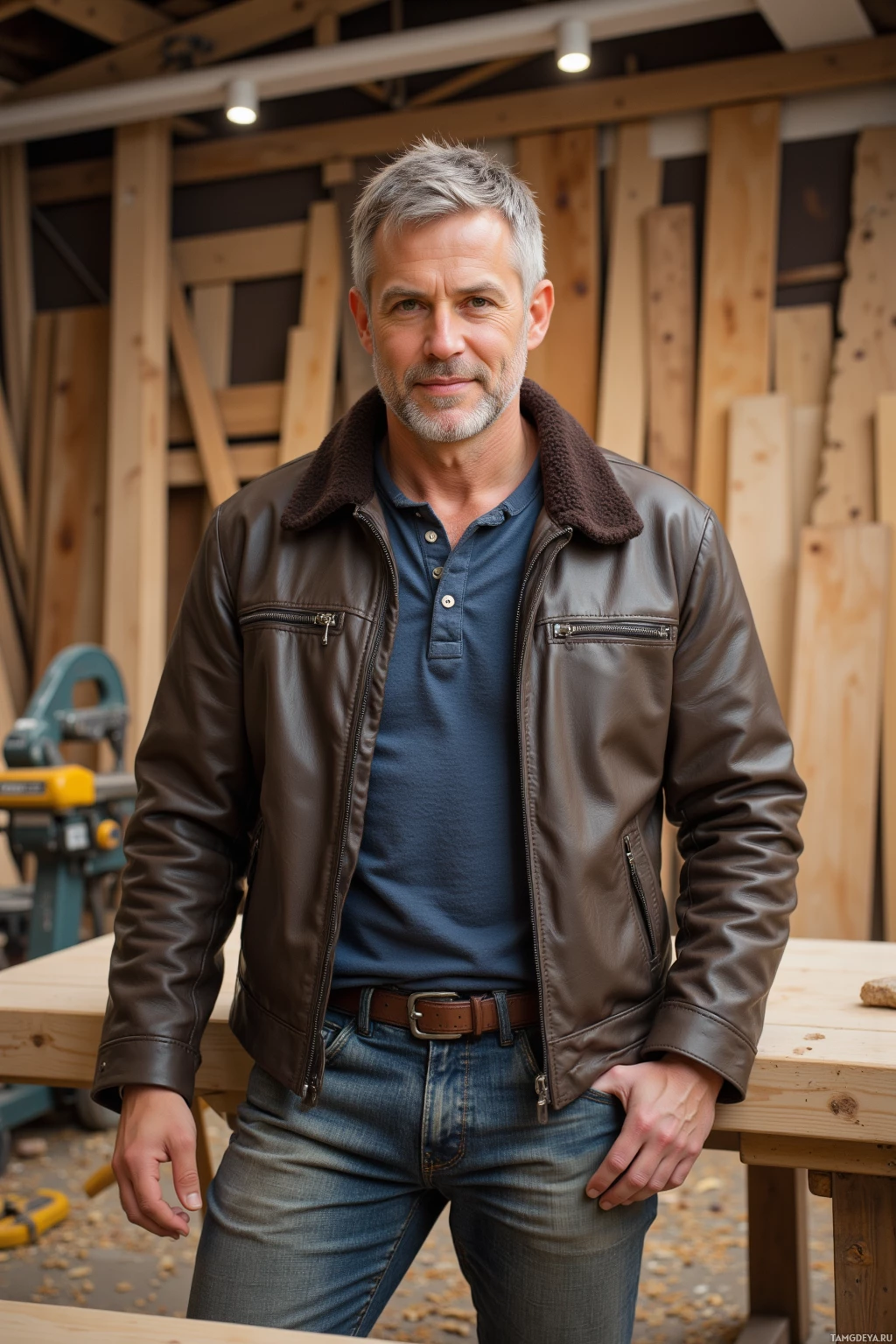 A man stands in a workshop, wearing a brown leather jacket and jeans.