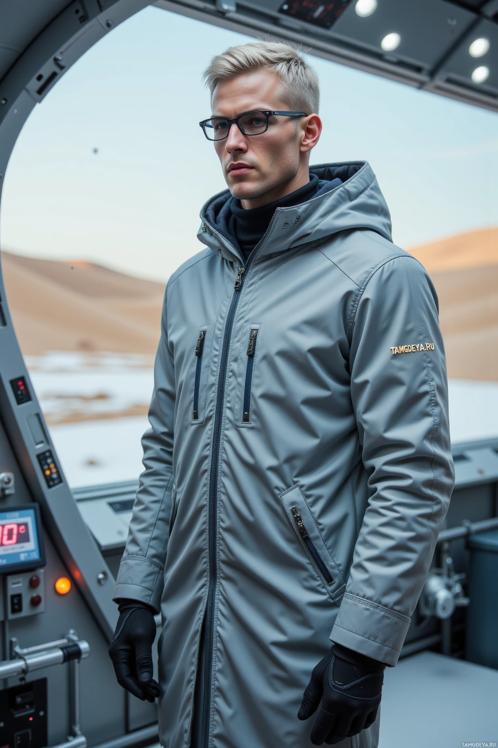 A person wearing a gray jacket and black gloves stands in a futuristic setting with a desert landscape visible through a circular window.
