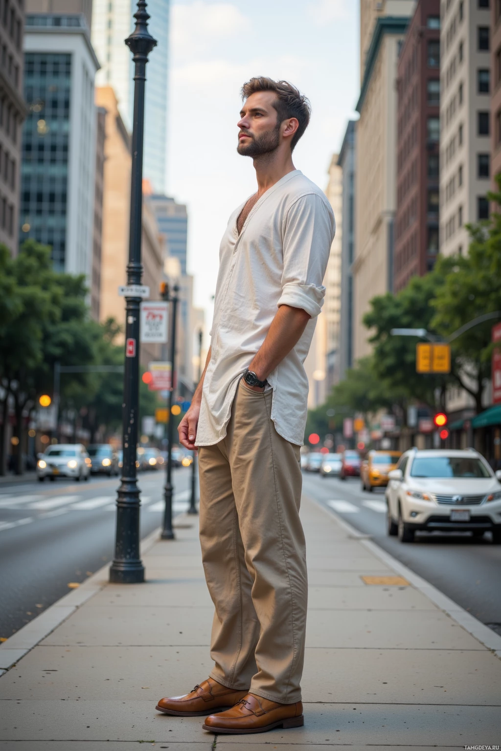 A man stands on a city sidewalk, dressed in a white shirt and khaki pants, looking off into the distance.