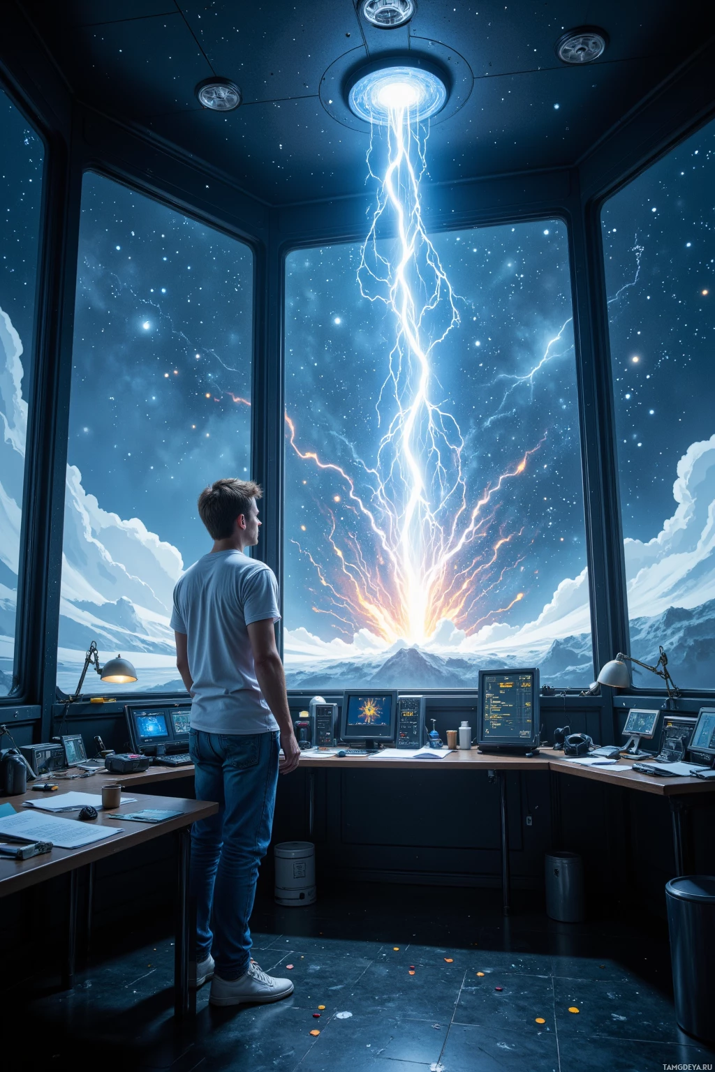 A person stands in a futuristic control room, gazing out at a cosmic lightning storm.