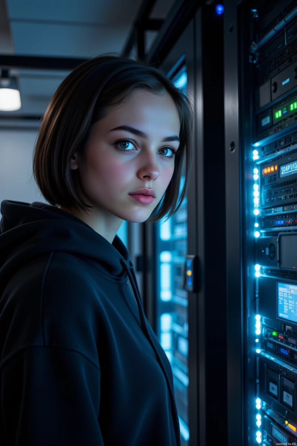 A person in a hoodie stands in front of a server rack in a dimly lit room.