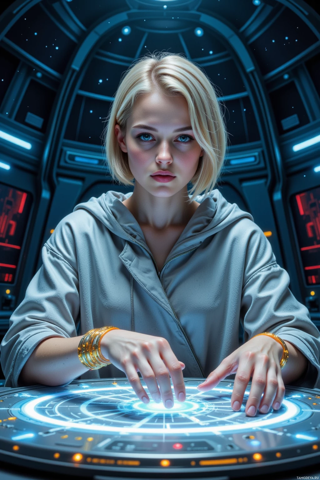 A person in a futuristic setting interacts with a glowing, high-tech interface.