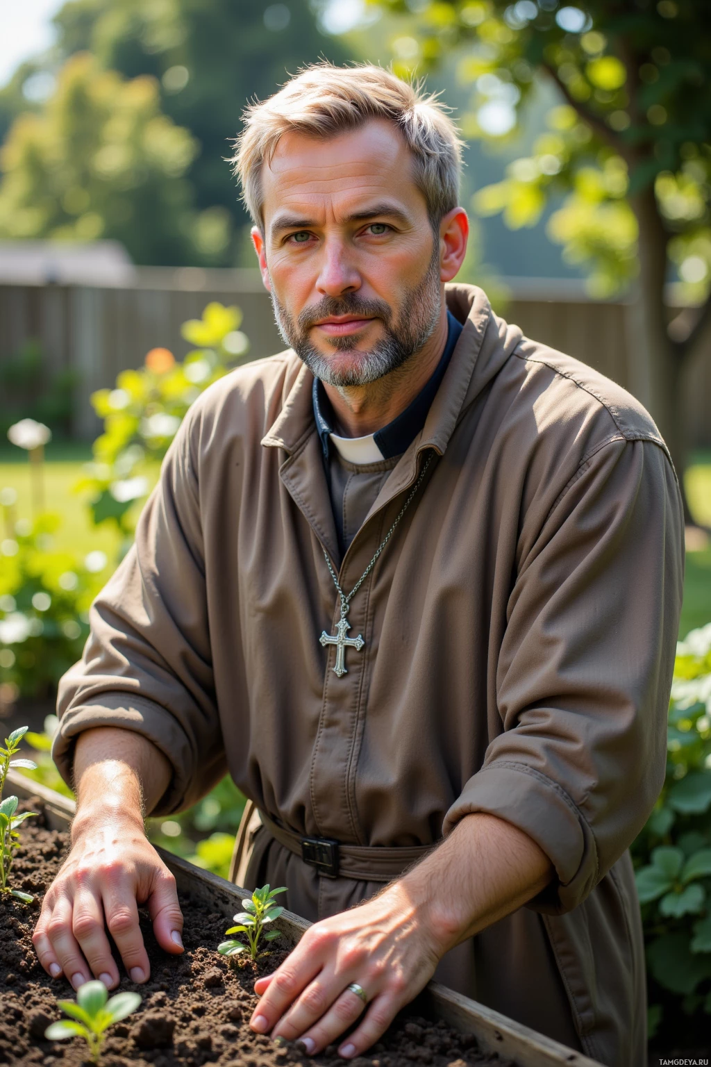 A man in a brown robe with a cross necklace is planting a small plant in a garden bed.