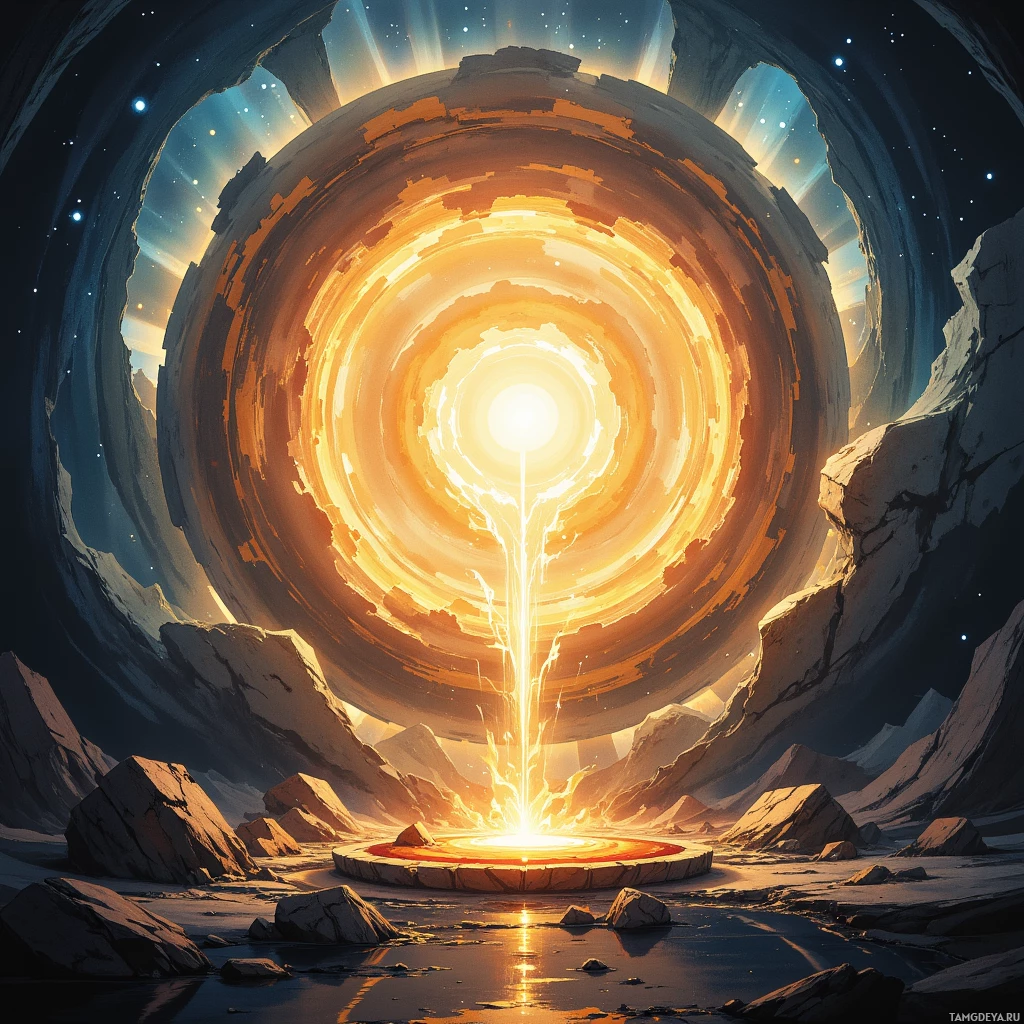 A glowing, radiant portal surrounded by rocky terrain and a starry sky.