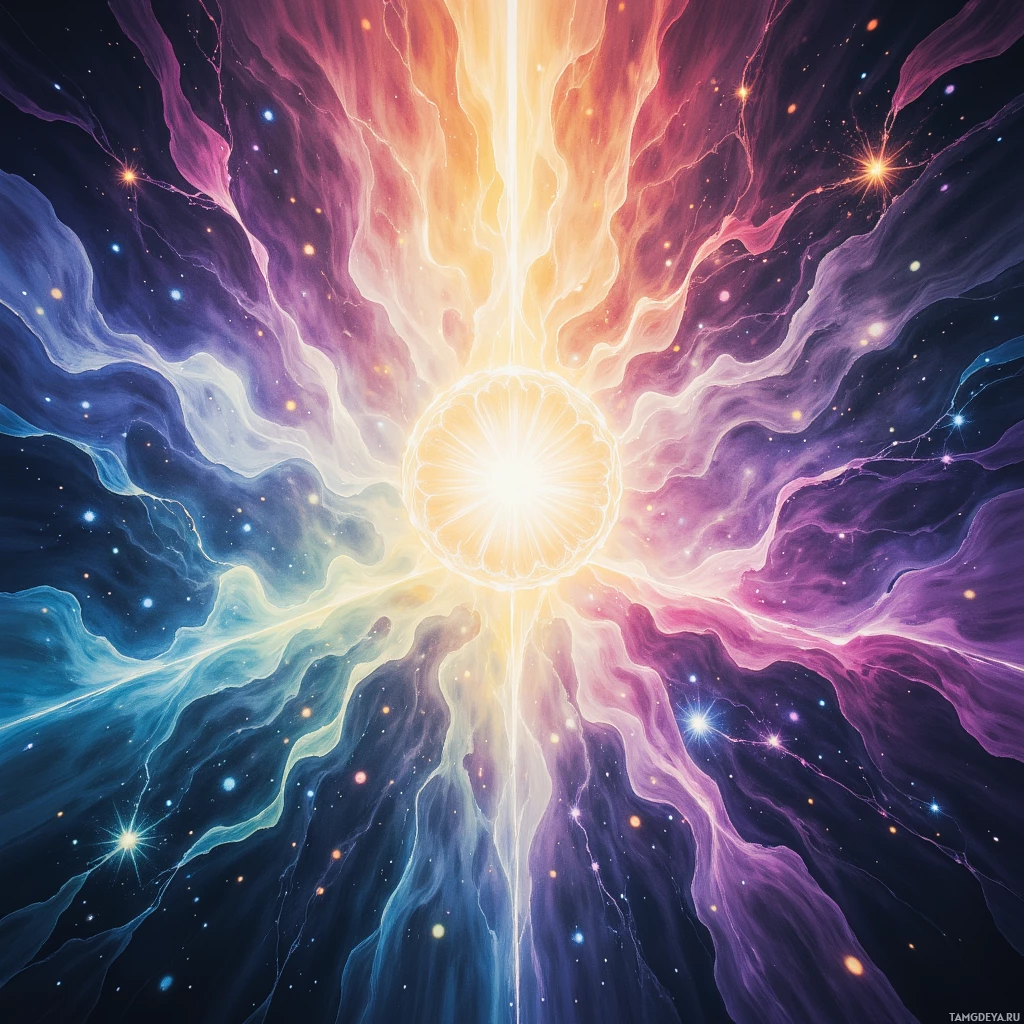 A vibrant cosmic explosion with radiant colors and glowing particles.