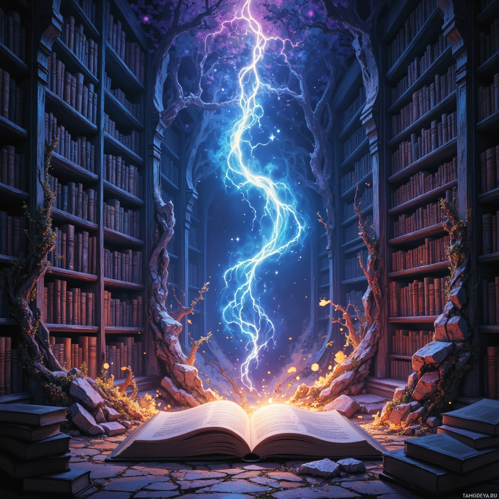 A magical library with an open book revealing a portal to a glowing, cosmic scene.