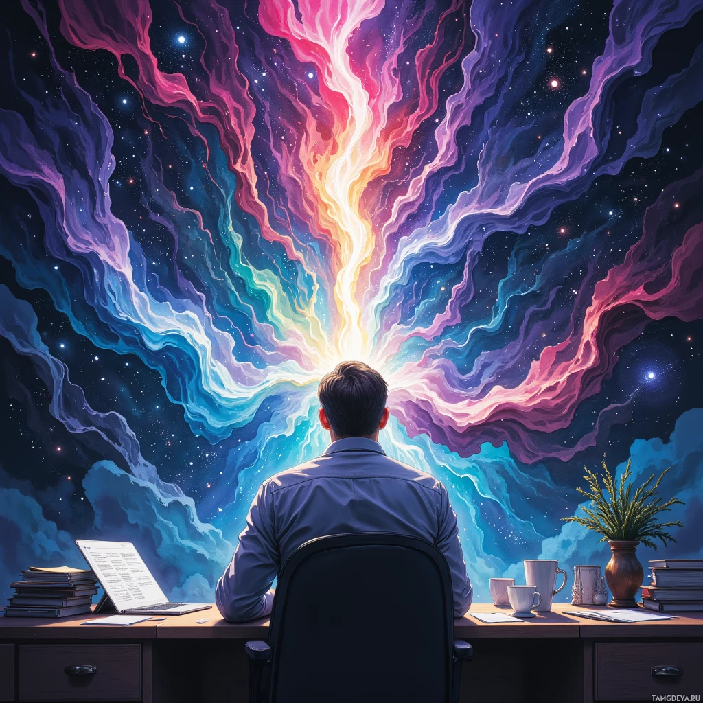 A person sits at a desk with a laptop, surrounded by a cosmic, star-filled sky.