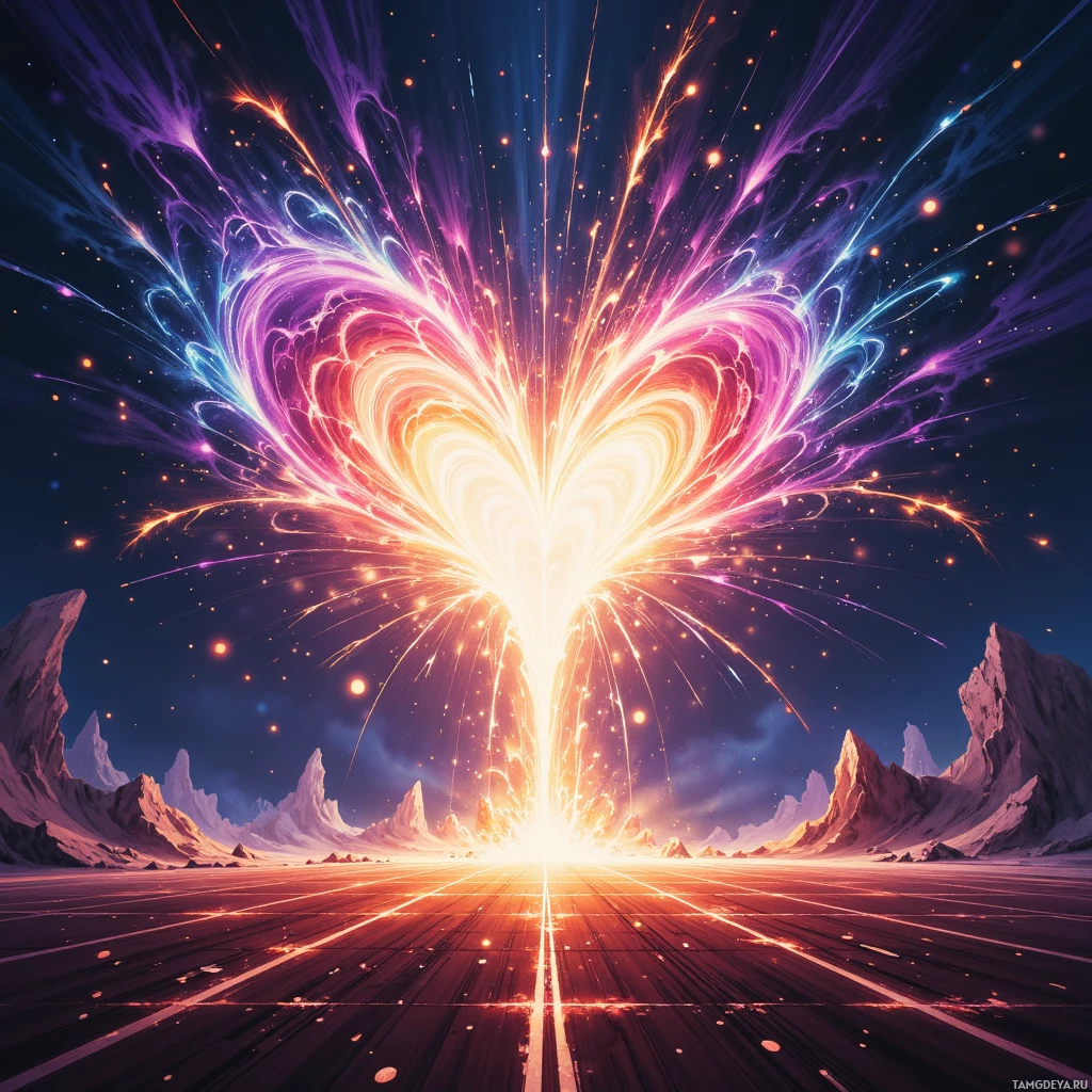 A vibrant cosmic scene with a heart-shaped burst of light and colorful energy streams against a starry sky.