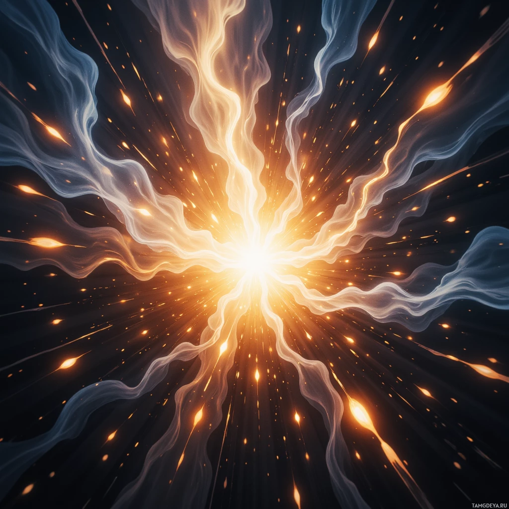 A dynamic burst of light and energy radiating outward against a dark background.