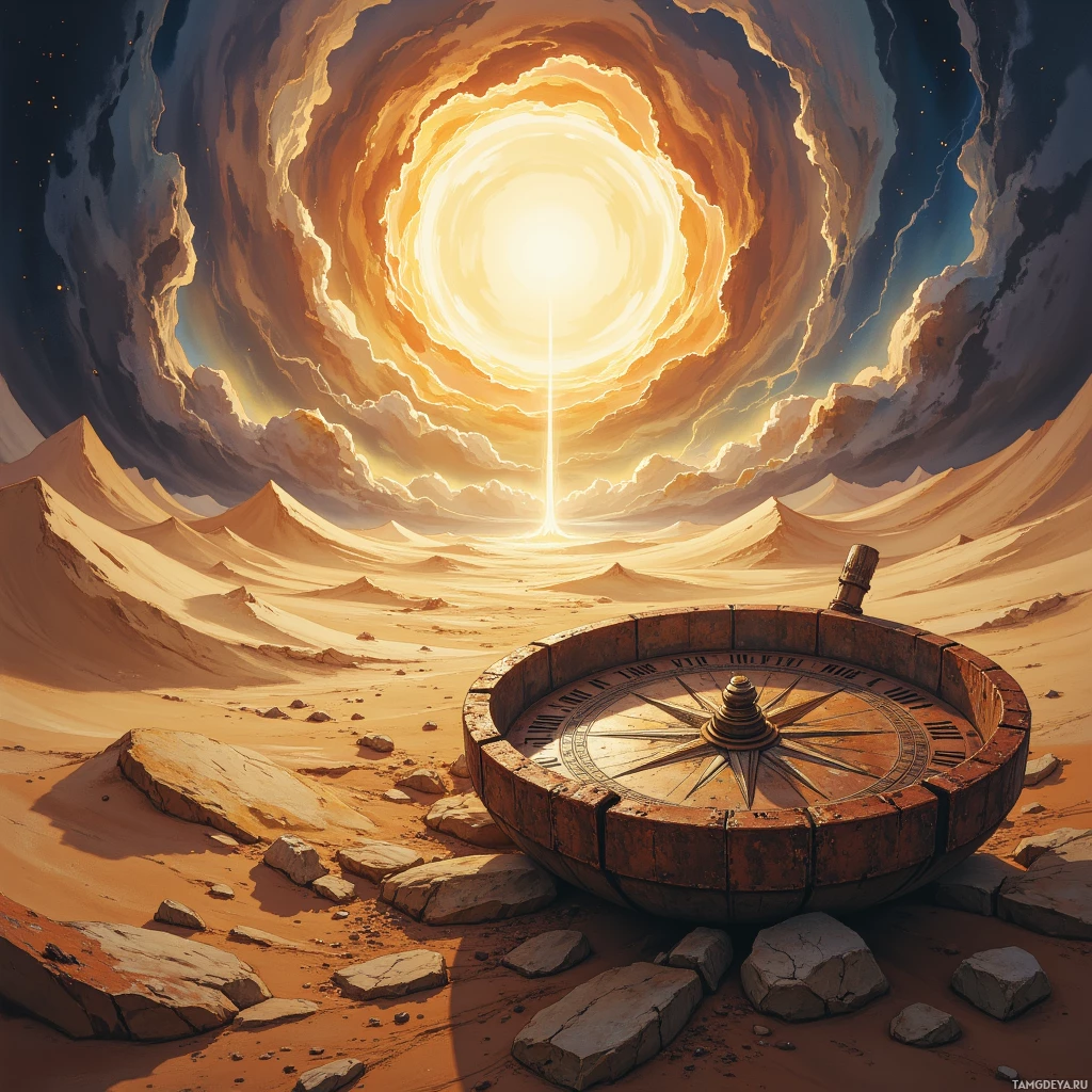 A compass lies in a desert landscape under a swirling, radiant sky.