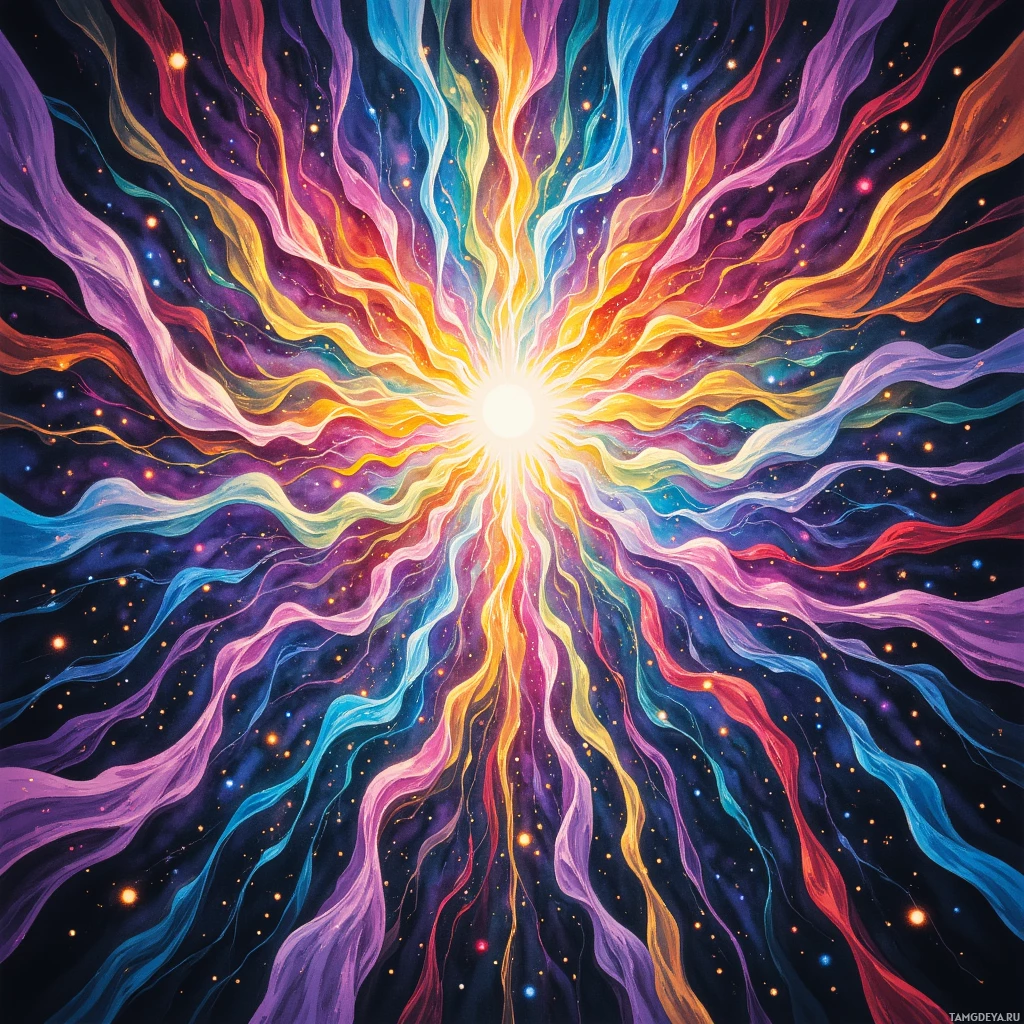 A vibrant, abstract burst of colorful light and energy radiating outward against a dark background.