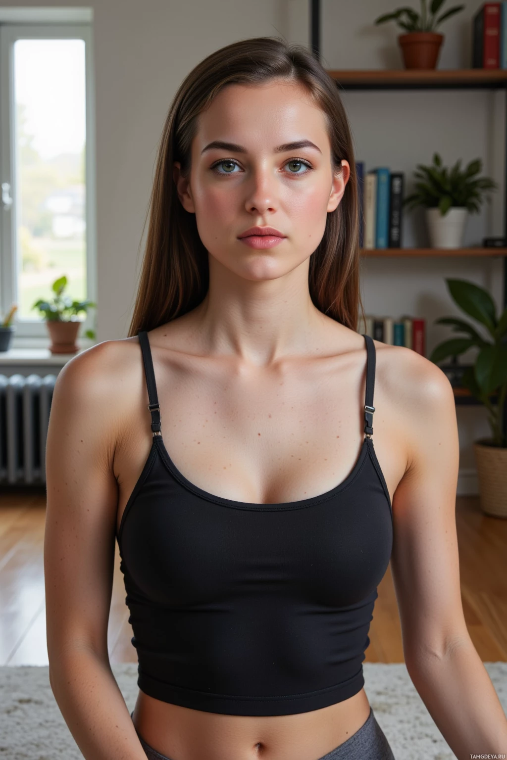 A person wearing a black sports bra stands indoors with a bookshelf and plants in the background.