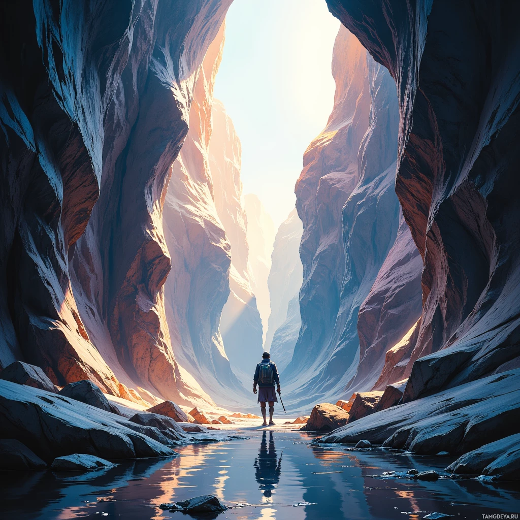 A lone figure stands at the entrance of a narrow canyon, gazing towards the light at the end.