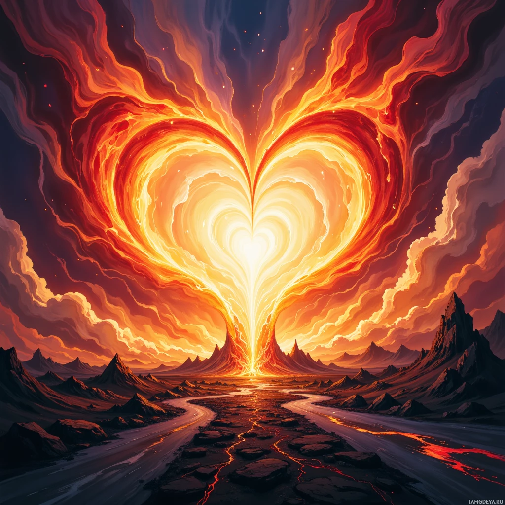 A fiery heart-shaped portal in the sky above a rugged, volcanic landscape.
