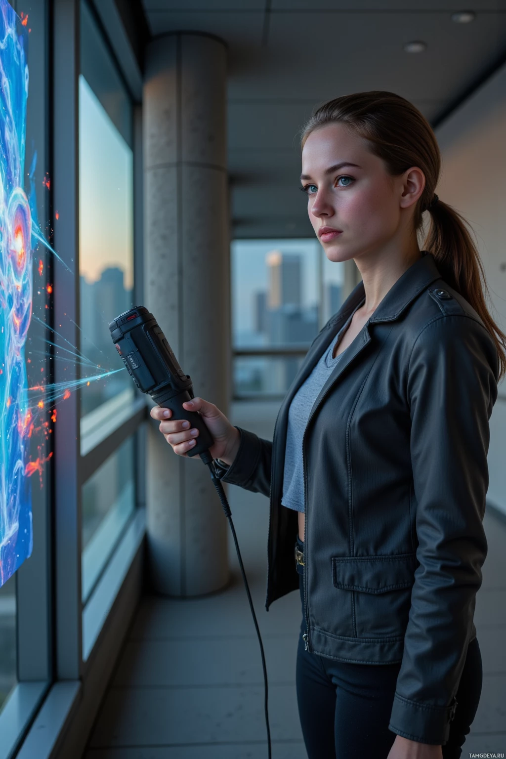 A person stands by a window, holding a device with glowing lines extending from it.