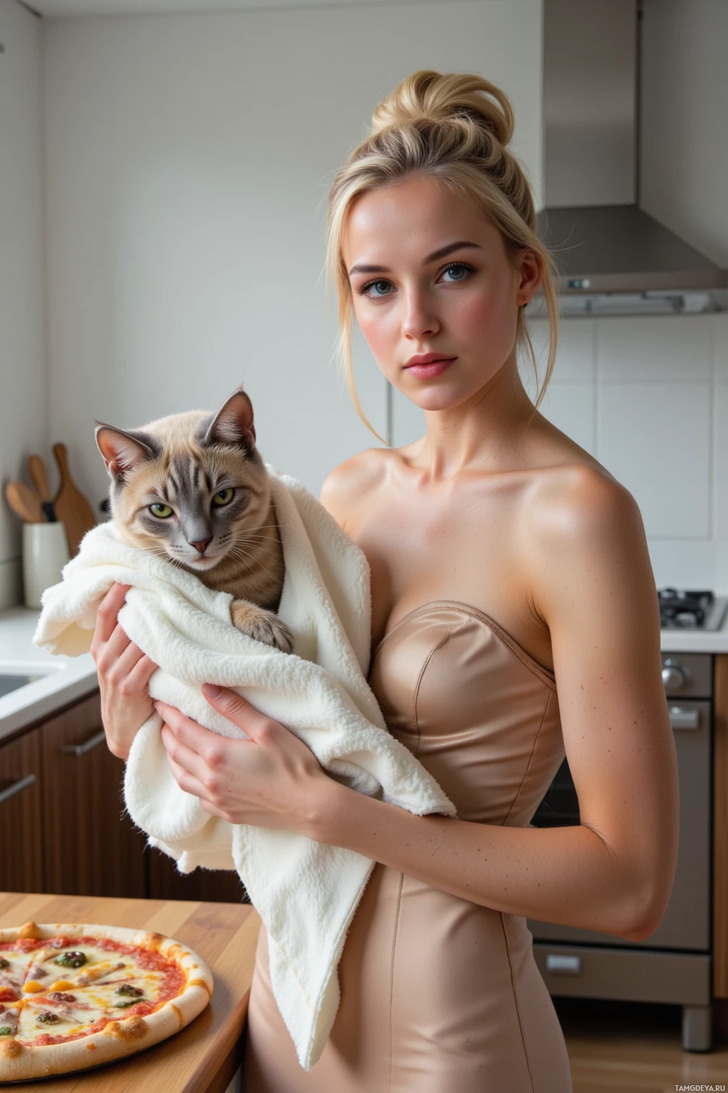 A woman holds a cat wrapped in a towel in a kitchen setting.