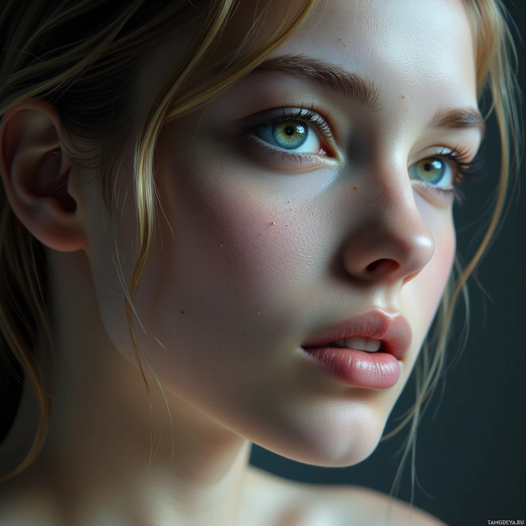 A close-up portrait of a person with light skin and long hair.