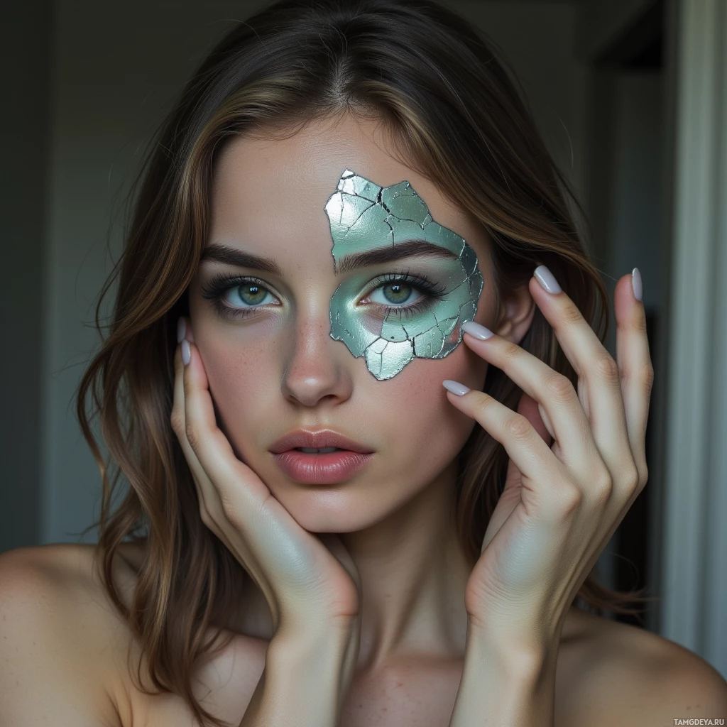 A woman with long brown hair and a light green eye mask, holding her face with her hands.