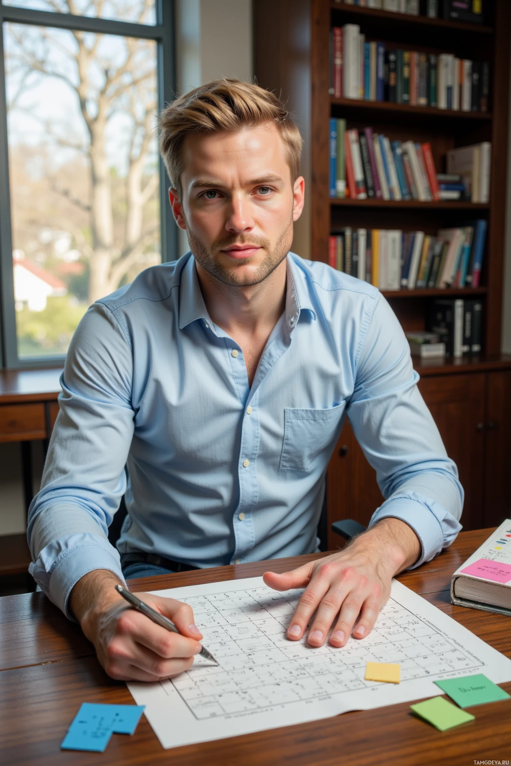 A man sits at a desk with a Sudoku puzzle and a pen, surrounded by books and a window view.