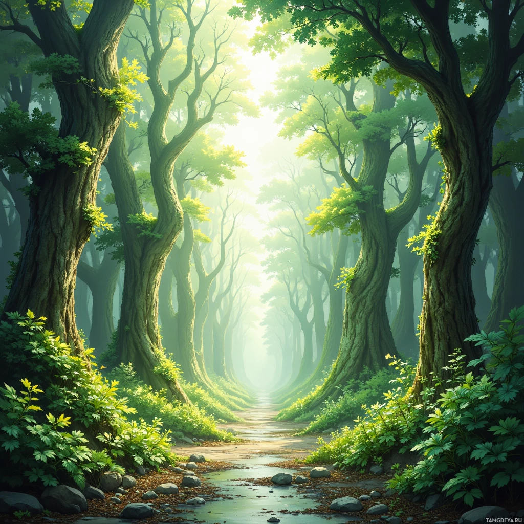 A serene forest path lined with tall, lush trees and vibrant greenery, bathed in soft sunlight.
