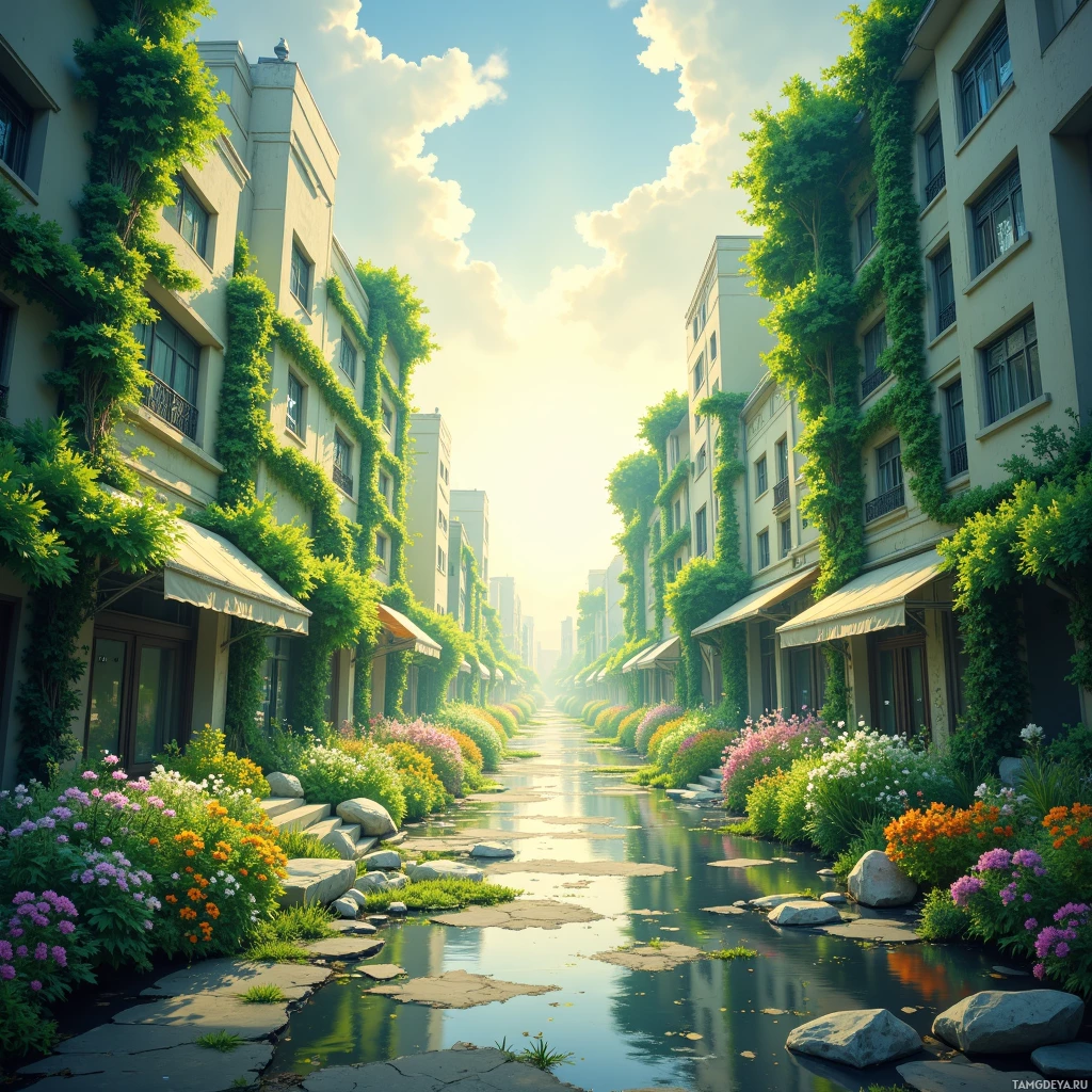 A serene urban street lined with lush greenery and vibrant flowers, reflecting sunlight.