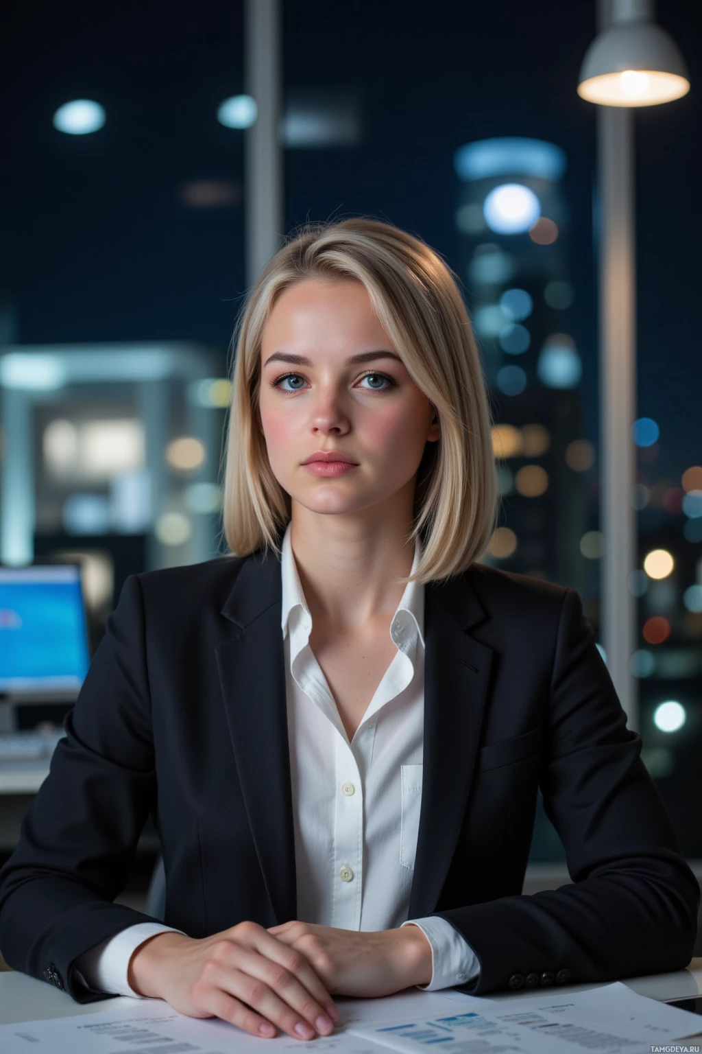 A woman in a professional setting, wearing a black blazer and white shirt, seated at a desk with documents in front of her.