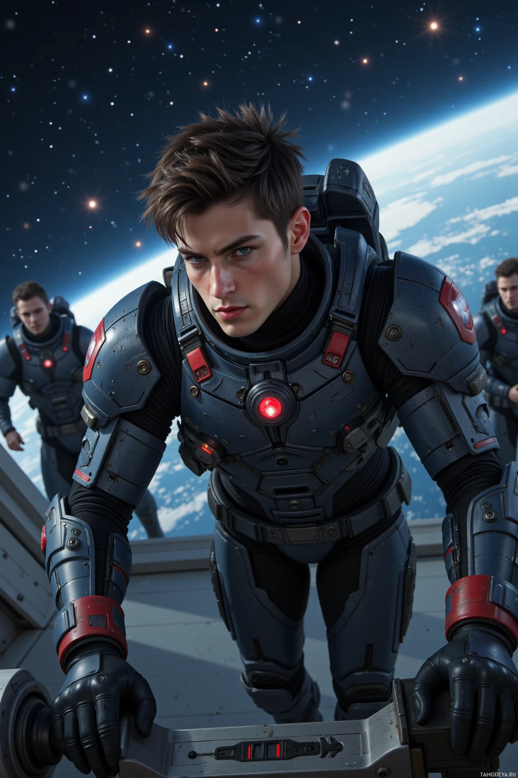 A person in futuristic armor stands against a starry space backdrop.