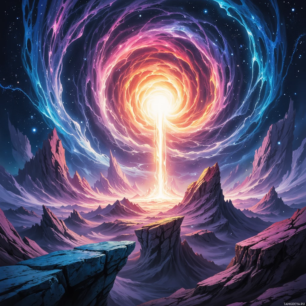 A fantastical landscape featuring a glowing portal in the sky and jagged, rocky terrain below.
